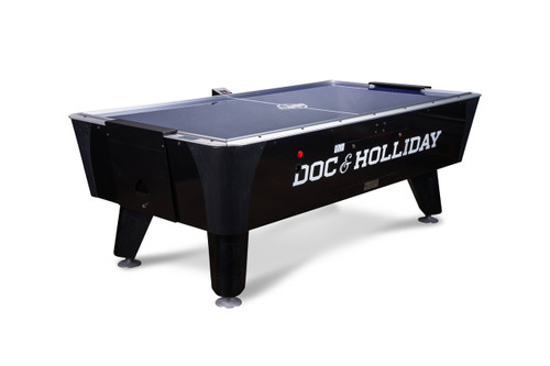 Doc & Holliday x Dynamo Pro Style Air Hockey Table, black air hockey game table with sleek design and brand logo on the side.