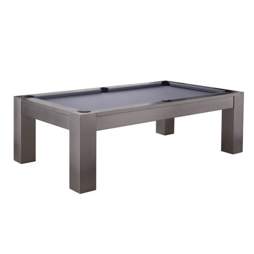 Plank & Hide Co Maximus Steel Pool Table, modern sleek metallic design pool table with a blue felt surface and sturdy steel legs.