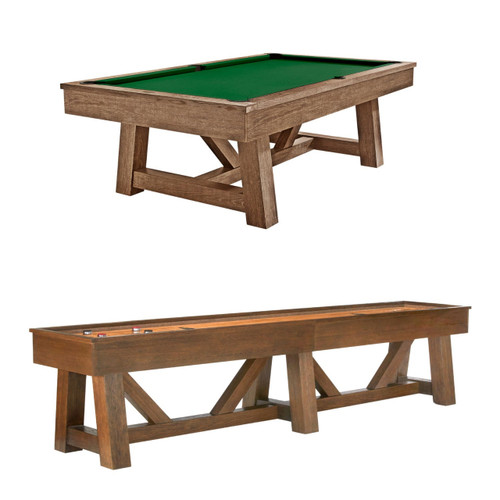 Brunswick Billiards Brunswick Botanic Pool Table & Shuffleboard Table Combo, two wooden game tables with green felt surface for pool and brown finish for shuffleboard.