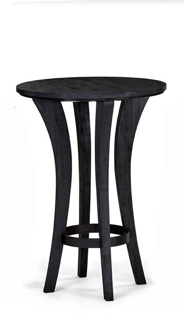 Brunswick Billiards Centennial Pub Table, black wooden round table with curved legs and metal ring support, perfect for game rooms or bar areas.