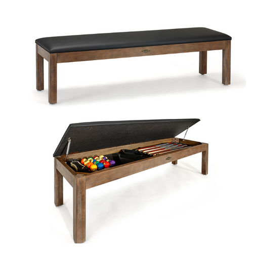 Brunswick Billiards Centennial Storage Bench closed and open view with Brunswick accessories, shown on white background.