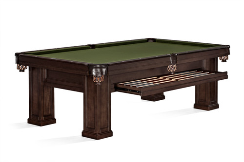 Studio-style product shot of the Brunswick Oakland Pool Table in Espresso. Features a clean white background with a front-right angled view showcasing its solid hardwood frame, genuine leather drop pockets, and Arts & Crafts-style legs. Ideal for Google Shopping and category pages.