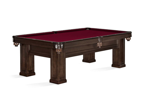 Brunswick Billiards Brunswick Oakland 8' Slate Pool Table - Espresso Finish, with a rich wooden frame and red felt surface for playing pool.