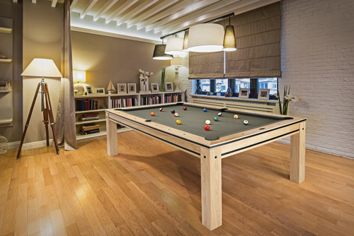 Brunswick Hickory 8' Slate Pool Table in Natural Hickory finish, set in a luxury game room. The table’s sleek design, hand-hammered metal rail sights, and premium 1" slate surface create an elegant and inviting centerpiece for any modern space. Brunswick Hickory 8' Slate Pool Table in Natural Hickory finish, set in a luxury game room. The table’s sleek design, hand-hammered metal rail sights, and premium 1" slate surface create an elegant and inviting centerpiece for any modern space.