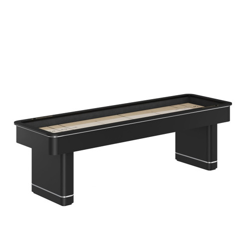 Plank & Hide Co Plank & Hide Deco Shuffleboard Table – Black with Chrome Inlays, showcasing a sleek black design with stylish chrome inlays along the edges.