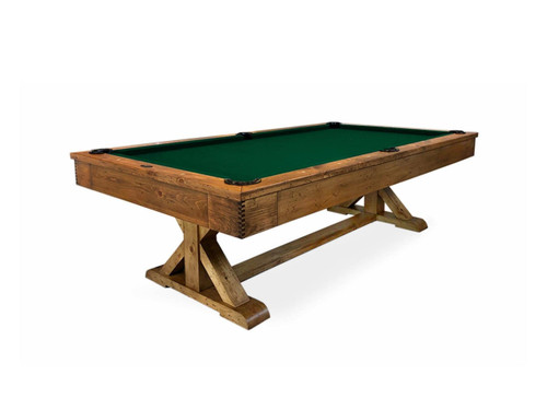 Doc & Holliday Hepburn Slate Pool Table in Dark Burl Finish, a rustic billiards table with a green felt top and sturdy wooden frame in dark burl finish.