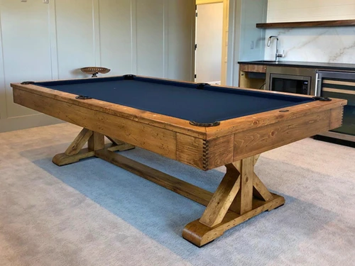 Doc & Holliday Hepburn Slate Pool Table in Dark Burl Finish, wooden pool table with a dark slate top in a modern home entertainment room.