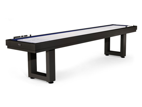 American Heritage Billiards Lanai Outdoor Shuffleboard Table, Obsidian Black, 9' or 12' size, sleek and modern design for outdoor entertainment.