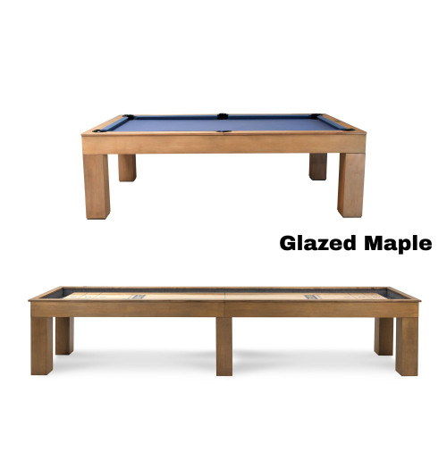 Paula Parsons Pool Table and Shuffleboard Combo by Doc & Holliday in Glazed Maple finish, 8 ft slate pool table with matching shuffleboard, light natural maple wood tone, modern clean-line game room furniture set