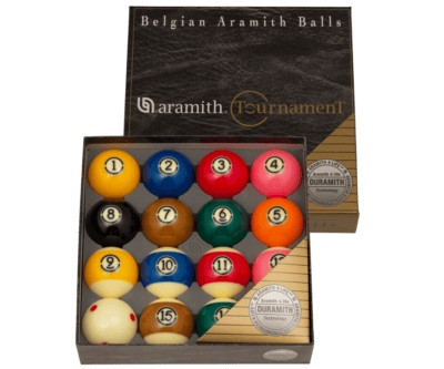 Aramith Super Aramith Tournament TV Ball Set, set of 10 colorful billiard balls in a box.