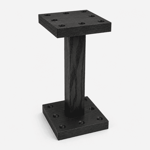 Isaac Floor Rack by Plank & Hide in Black Ash finish, shown as a compact freestanding billiard cue rack for pool table accessories and game room organization.