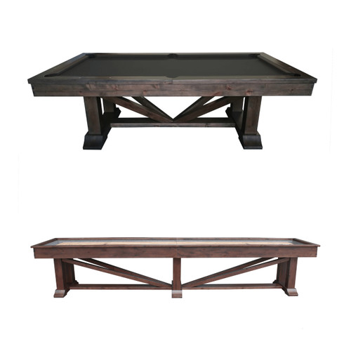 Plank & Hide Co Lucas Pool Table & Shuffleboard Combo, wooden game table with a dark finish showing both the pool table surface and shuffleboard surface.