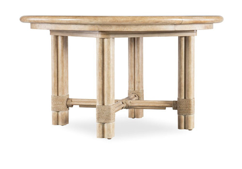 Hooker Furniture Retreat Pole Rattan Round Light Wood Dining Table with 1-20in Leaf, product image of a round light wood dining table with rattan design and an extension leaf.