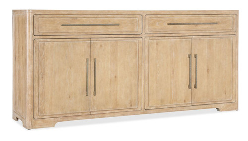 Hooker Furniture Retreat Buffet, wooden sideboard with a natural finish, featuring four drawers and four cabinet doors with sleek metal handles.