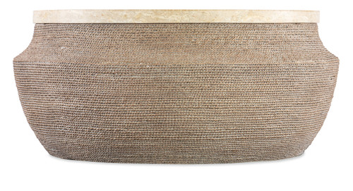 Hooker Furniture Retreat Round Cocktail Table, woven rattan texture with a smooth, light-colored marble top.