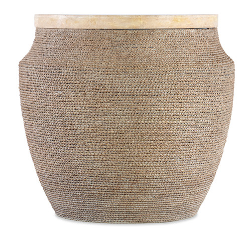Hooker Furniture Retreat Round Side Table, woven textured side table with a beige stone top.