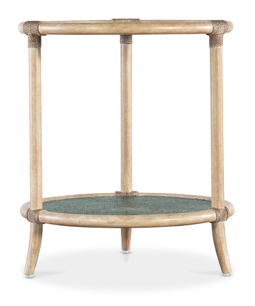Hooker Furniture Retreat Raffia Blue Sand End Table, a stylish accent table with a natural wood frame, raffia blue sand finish, and round top with woven textured surface.