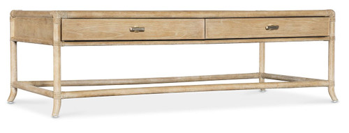 Hooker Furniture Retreat Pole Rattan Dune Cocktail Table, natural wood finish with two drawers and a lower shelf for storage, in a modern coastal style.
