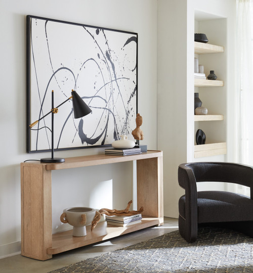 Hooker Furniture Retreat Console Table, a modern minimalist wooden console with a natural finish, positioned against a white wall in a stylish living room decor setting.