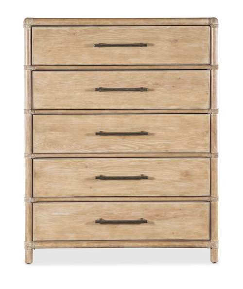 Hooker Furniture Retreat Pole Rattan Five-Drawer Light Wood Chest, a tall and elegant light wood dresser with five drawers and metal handles.