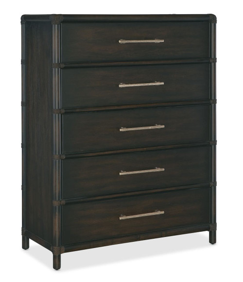 Hooker Furniture Retreat Pole Rattan Five-Drawer Dark Wood Chest, dark wood finish with silver handles and a woven rattan frame.
