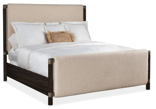 Hooker Furniture Retreat King Dark Wood Upholstered Panel Bed, modern dark wood frame with upholstered beige headboard and footboard.