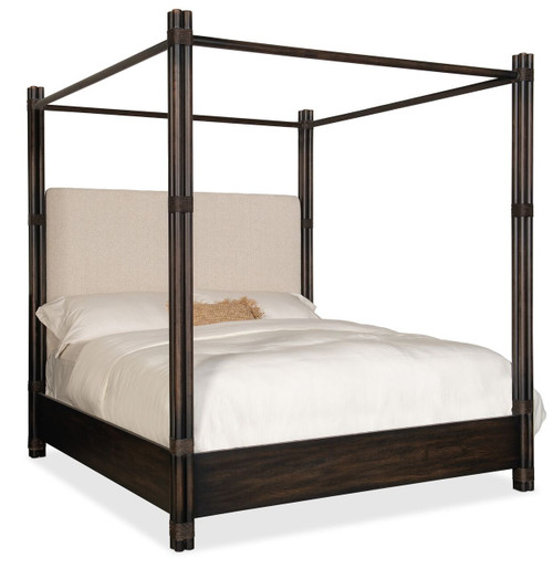 Hooker Furniture Retreat Pole Rattan King Dark Wood Upholstered Poster Bed w/Canopy, image of a dark wood four-poster bed with rattan posts, upholstered headboard, and canopy frame without fabric.