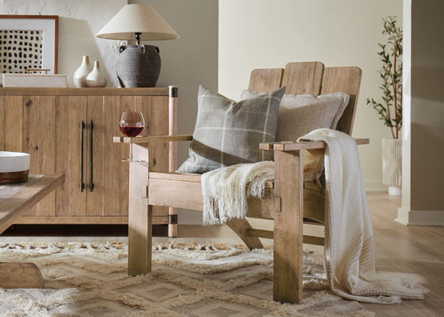 Hooker Furniture Vineyard Row Accent Chair, wooden armchair with slatted back and neutral-colored cushions in a cozy living room setting.