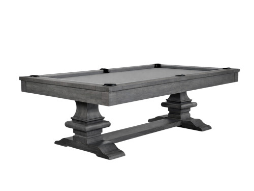 Beaumont Slate Pool Table by Sawyer Twain in Marble Grey on ash wood, 8 ft three-quarter angle view showing pedestal base and leather drop pockets