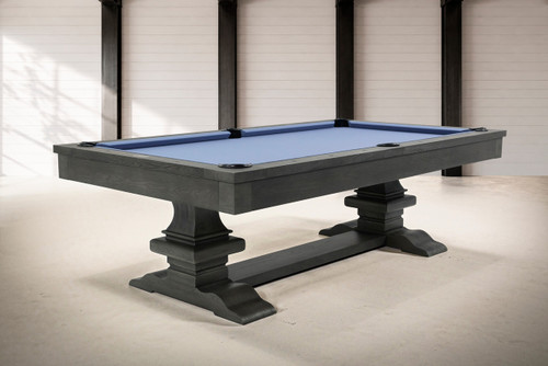 Plank & Hide Co Beaumont Slate Pool Table in Marble Grey, modern pool table with slate surface and wooden frame, in a minimalist room.