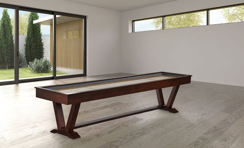 C.L. Bailey Skylar shuffleboard table in Warm Chestnut finish styled in a modern game room