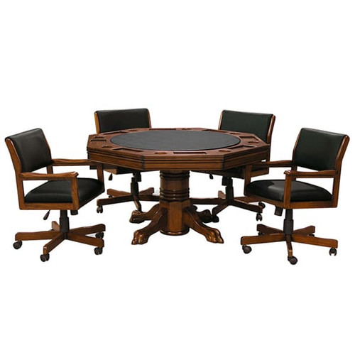 C.L. Bailey 54" game table set with four Level Best rocker-swivel chairs, featuring a classic ball-and-claw leg design and black leatherette cushioned seats, shown on a clean white background.