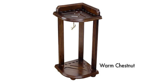 C.L. Bailey Corner Cue Rack, warm chestnut wooden cue rack with hooks and slots for billiard cues.