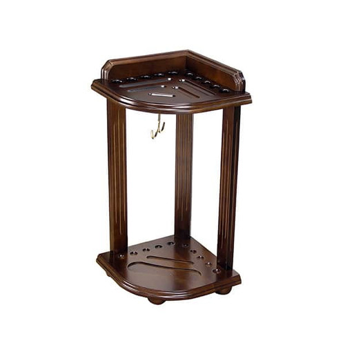 C.L. Bailey Corner Cue Rack, wooden billiard cue and accessory storage stand with hooks and slots for cues and other items.