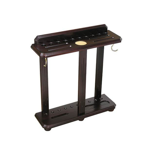 C.L. Bailey Floor Cue Rack, dark wood finish cue storage rack with multiple slots and hooks for billiard cues.