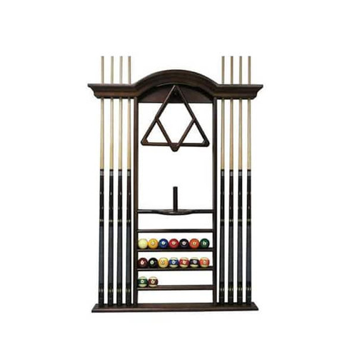 C.L. Bailey Deluxe Wall Cue Rack, wooden billiard cue and ball storage rack with triangle holder and multiple cue slots.
