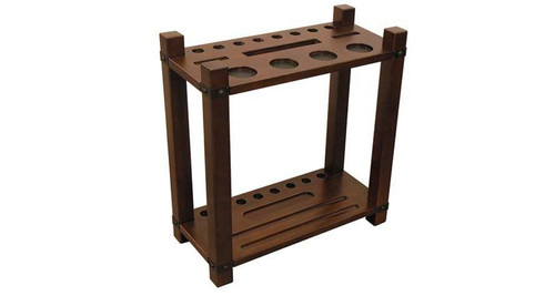 C.L. Bailey Skylar Floor Cue Rack, wooden cue storage with multiple slots and holes for organizing pool cues.