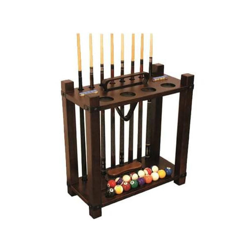 C.L. Bailey Skylar Floor Cue Rack, wooden billiard cue and ball storage organizer with multiple slots and compartments for pool cues and billiard balls.