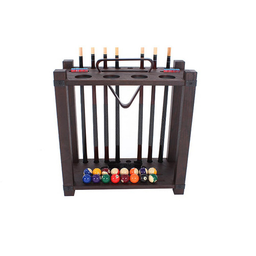 C.L. Bailey Tunbridge Floor Cue Rack Weathered Brown, wooden billiard cue rack with space for balls, organized with pool cues and accessories.