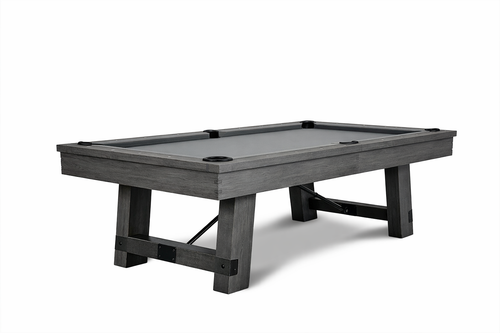 Isaac Slate Pool Table by Plank & Hide in Marble Grey finish on white background, 8ft modern ash wood pool table with leather pockets and tapered legs, Sawyer Twain Exclusive