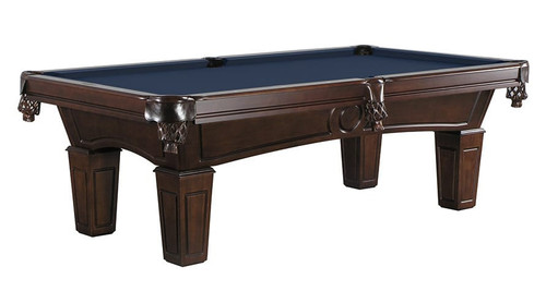 C.L. Bailey Adrian Slate Pool Table, elegant dark wood finish with classic carved details and a blue felt playing surface for professional billiards gameplay.