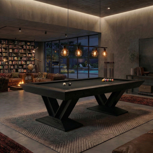 Doc & Holliday Savant 8' Slate Pool Table in Black Ash, modern game room with pool table, plush leather seating, illuminated pendant lights, and large bookshelves.