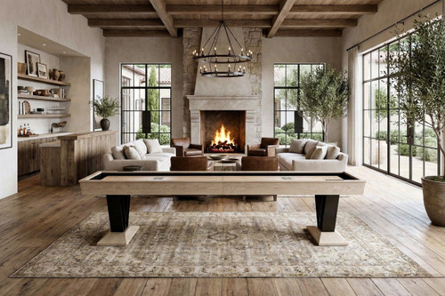 Doc & Holliday Savant Shuffleboard Table in Natural Ash, modern living room with fireplace and large windows, featuring the shuffleboard game table.