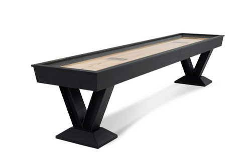 Doc & Holliday Savant Shuffleboard Table in Black Ash, modern black shuffleboard table with a wood playing surface and sturdy black base.