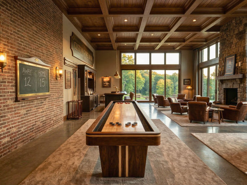 Doc & Holliday Derby Shuffleboard Table in Walnut, a sleek wooden shuffleboard table with a polished surface in a spacious, well-lit game room with brick and stone walls, leather chairs, and large windows with scenic views.