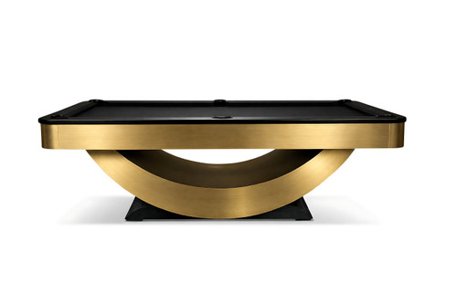 Side profile view of the Doc & Holliday Poshy reverse rainbow slate pool table featuring a brushed gold metallic pedestal base