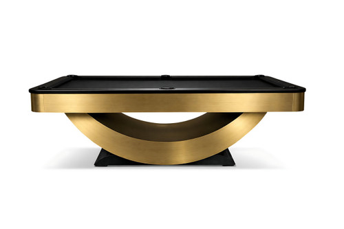 Doc & Holliday Poshy Slate Pool Table - Reverse Rainbow Edition - Brushed Gold, modern pool table with a sleek black playing surface and a luxurious brushed gold curved base.