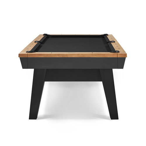 End view of Black and Pecan pool table with tapered legs