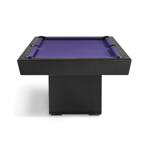 End view of the Aero Pool Table by Plank & Hide showing the black pedestal base, purple playing surface, and clean contemporary pool table profile.
