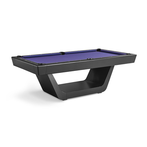 Aero Pool Table by Plank & Hide in black finish with purple felt, featuring a modern pedestal base and sleek contemporary billiard table design.